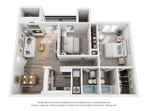 Floor plan for 2 beds, 2 baths, 1073 sqft